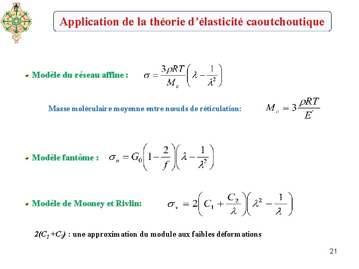 Application de la théorie d’élasticité caoutchoutique Modèle du réseau affine : Masse moléculaire moyenne