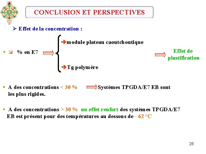 CONCLUSION ET PERSPECTIVES Ø Effet de la concentration : èmodule plateau caoutchoutique Effet de