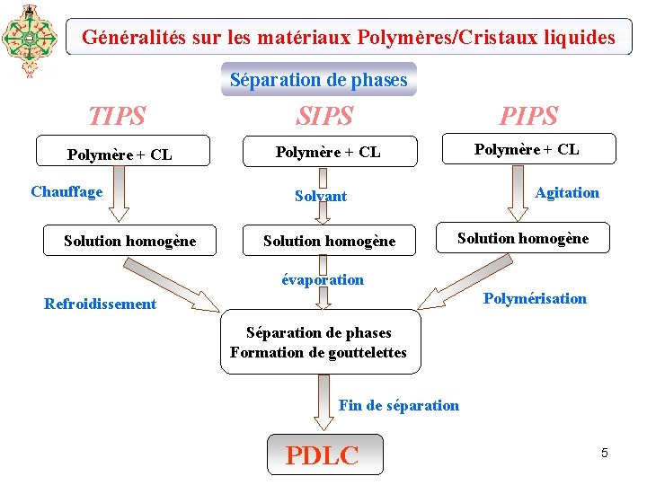 Généralités sur les matériaux Polymères/Cristaux liquides Séparation de phases TIPS SIPS Polymère + CL