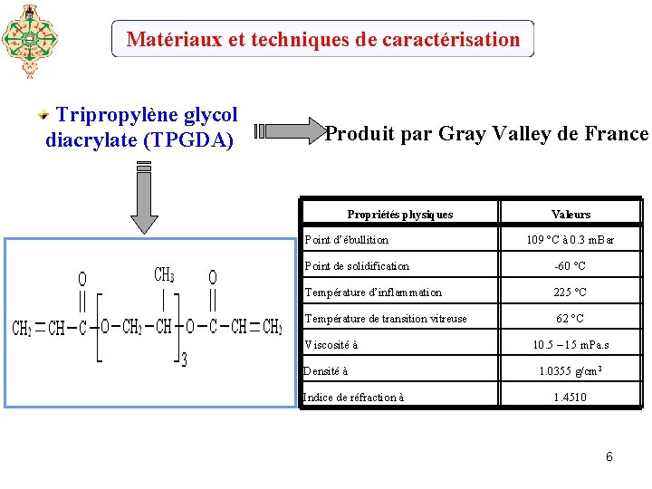 Matériaux et techniques de caractérisation Tripropylène glycol diacrylate (TPGDA) Produit par Gray Valley de