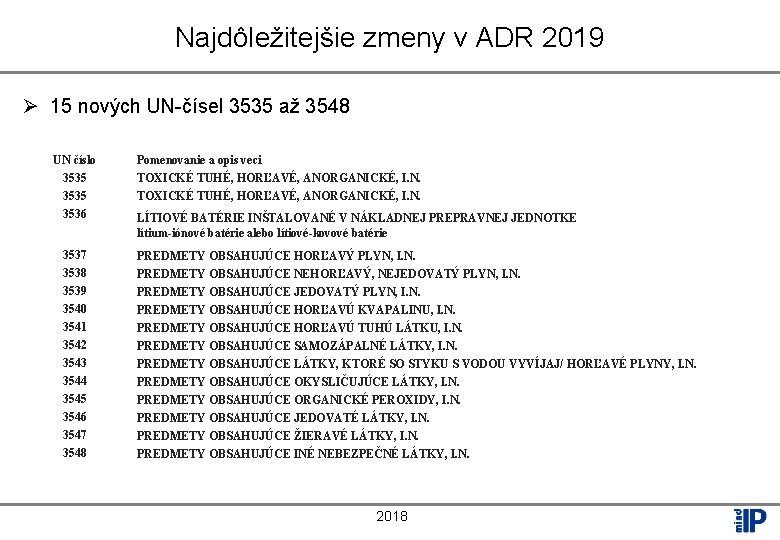 Najdôležitejšie zmeny v ADR 2019 Ø 15 nových UN-čísel 3535 až 3548 UN číslo