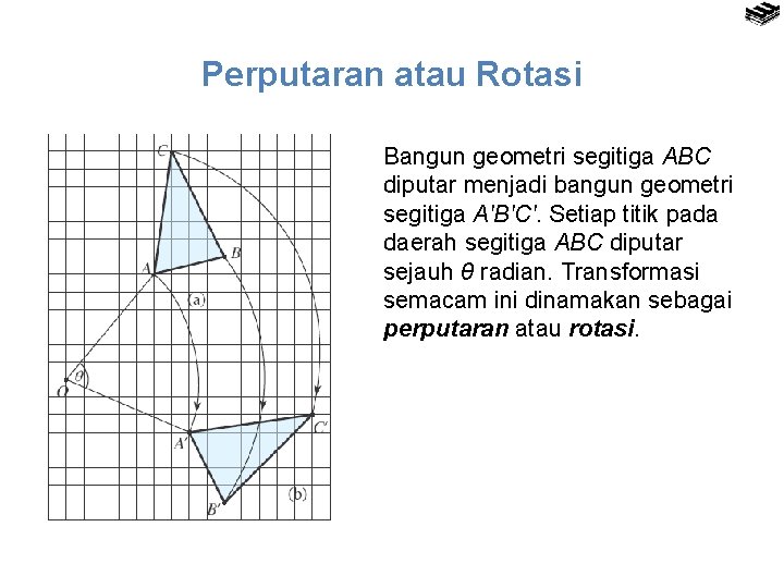 Perputaran atau Rotasi Bangun geometri segitiga ABC diputar menjadi bangun geometri segitiga A′B′C′. Setiap