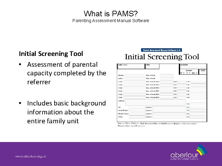 What is PAMS? Parenting Assessment Manual Software Initial Screening Tool • Assessment of parental