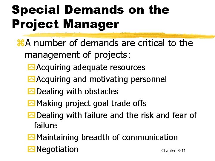 Special Demands on the Project Manager z. A number of demands are critical to