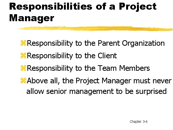 Responsibilities of a Project Manager z. Responsibility to the Parent Organization z. Responsibility to