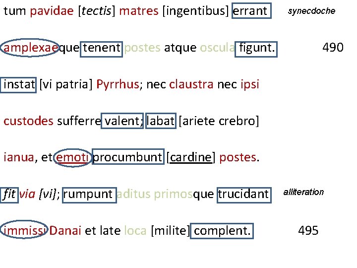 tum pavidae [tectis] matres [ingentibus] errant synecdoche amplexaeque tenent postes atque oscula figunt. 490