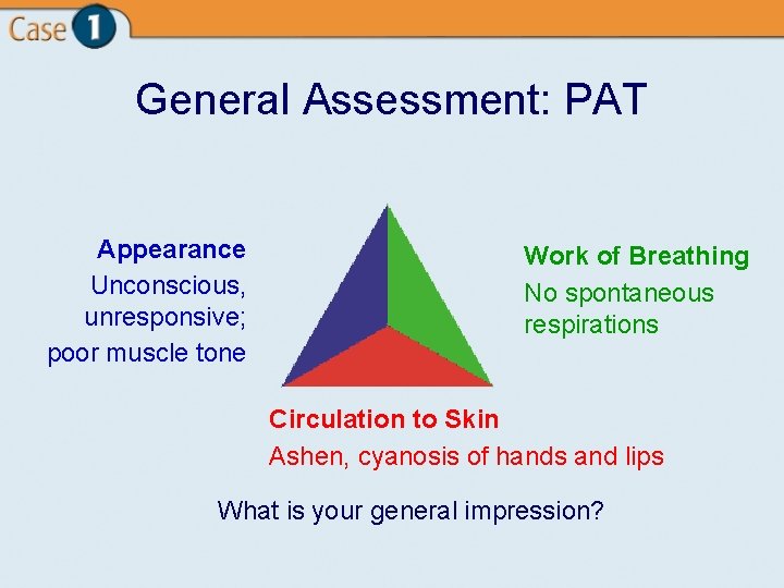 General Assessment: PAT Appearance Unconscious, unresponsive; poor muscle tone Work of Breathing No spontaneous