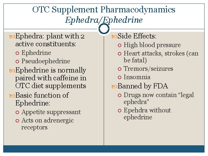 OTC Supplement Pharmacodynamics Ephedra/Ephedrine Ephedra: plant with 2 active constituents: Ephedrine Pseudoephedrine Ephedrine is