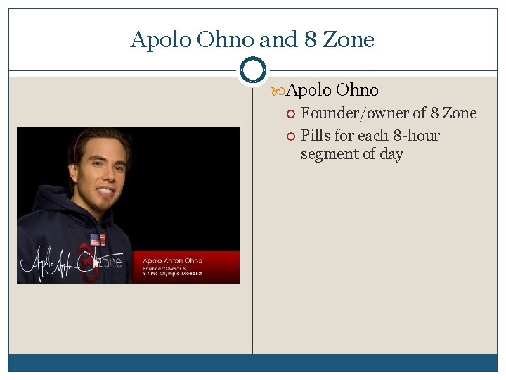 Apolo Ohno and 8 Zone Apolo Ohno Founder/owner of 8 Zone Pills for each