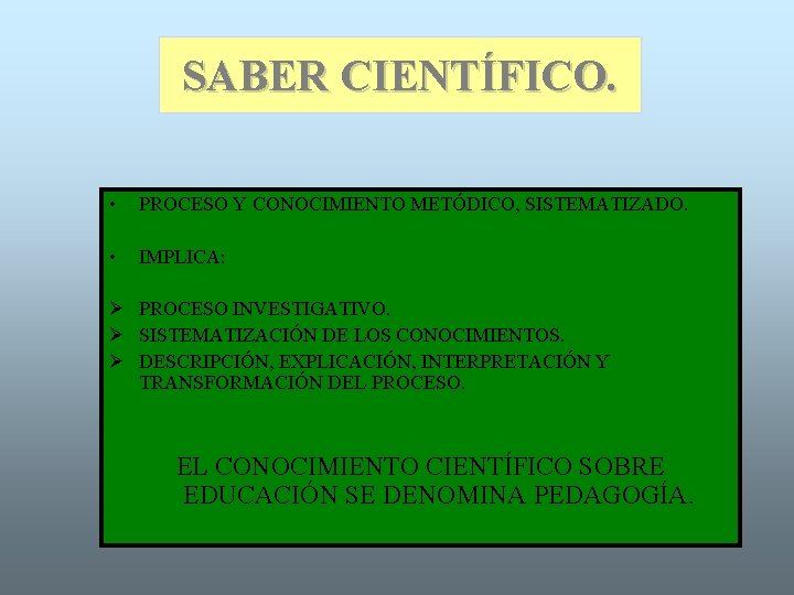 SABER CIENTÍFICO. • PROCESO Y CONOCIMIENTO METÓDICO, SISTEMATIZADO. • IMPLICA: Ø PROCESO INVESTIGATIVO. Ø