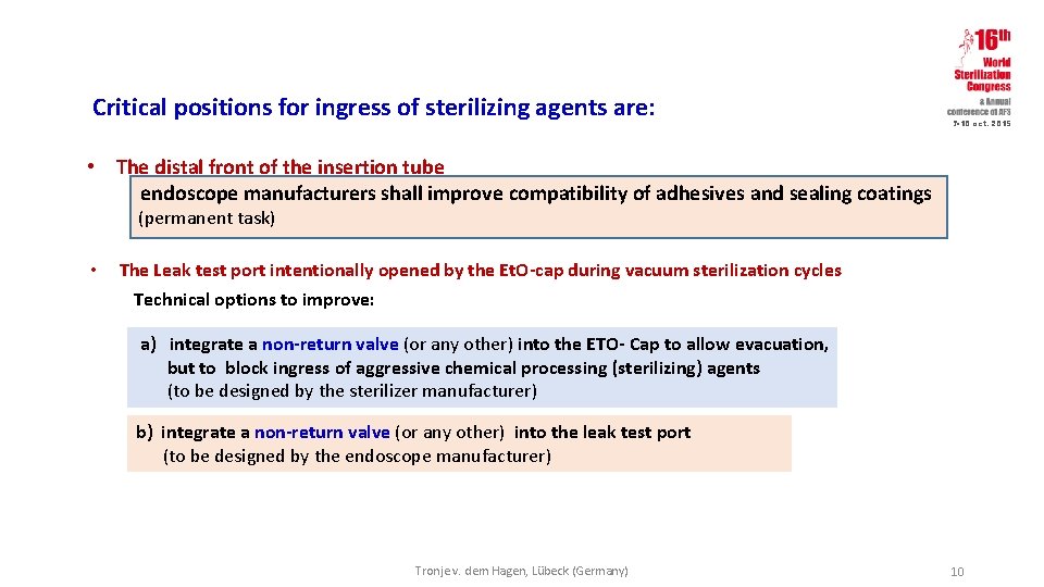 Critical positions for ingress of sterilizing agents are: 7 -10 oct. 2015 • The