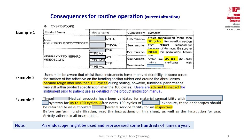 Consequences for routine operation (current situation) 7 -10 oct. 2015 Example 1 100 cycles,