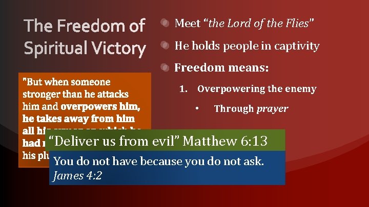 Meet “the Lord of the Flies” He holds people in captivity Freedom means: 1.