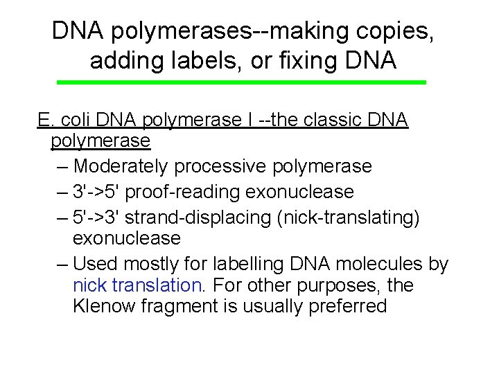 DNA polymerases--making copies, adding labels, or fixing DNA E. coli DNA polymerase I --the