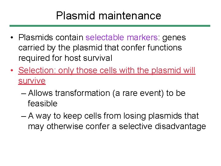 Plasmid maintenance • Plasmids contain selectable markers: genes carried by the plasmid that confer