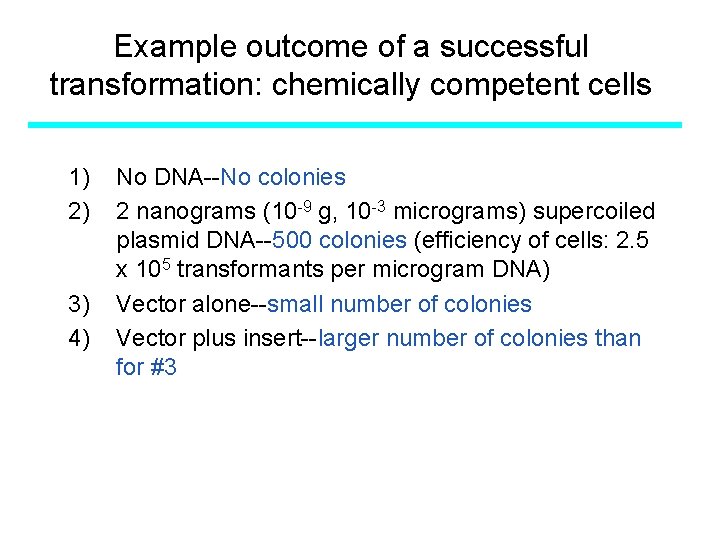 Example outcome of a successful transformation: chemically competent cells 1) 2) 3) 4) No