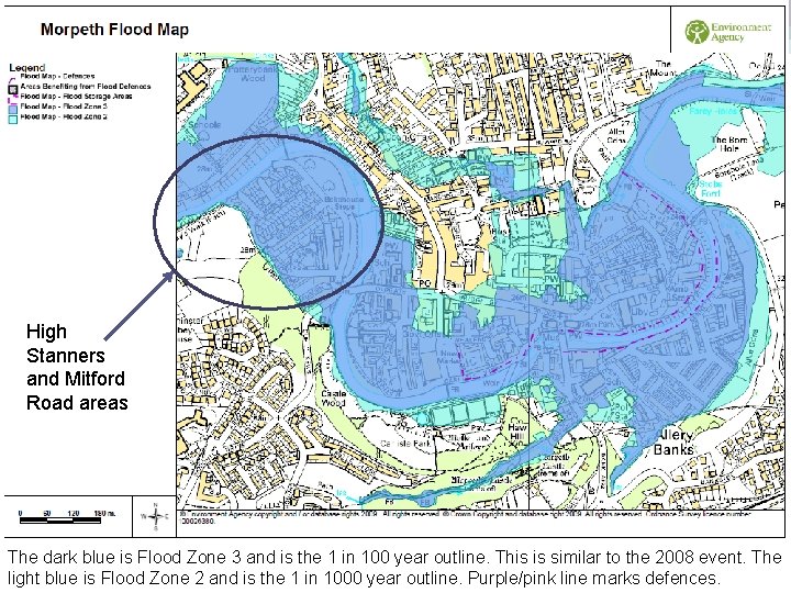 High Stanners and Mitford Road areas The dark blue is Flood Zone 3 and