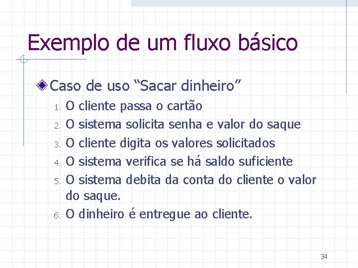 Exemplo de um fluxo básico Caso de uso “Sacar dinheiro” 1. 2. 3. 4.