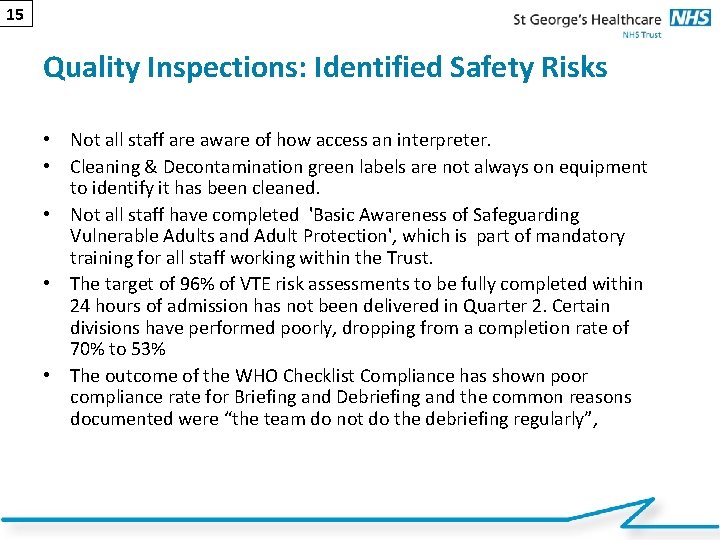 15 Quality Inspections: Identified Safety Risks • Not all staff are aware of how