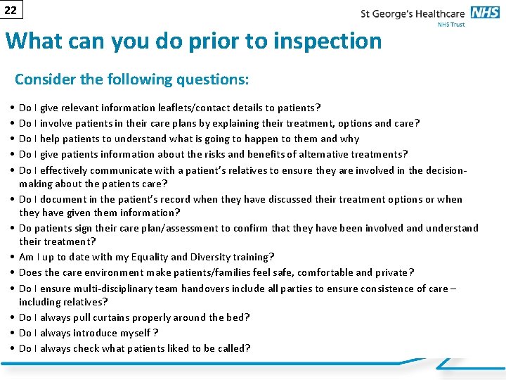 22 What can you do prior to inspection Consider the following questions: • •