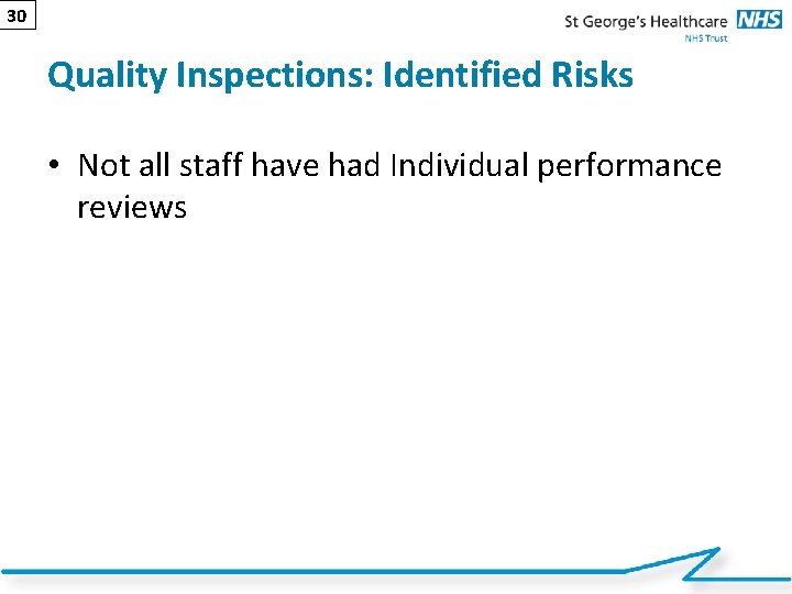 30 Quality Inspections: Identified Risks • Not all staff have had Individual performance reviews