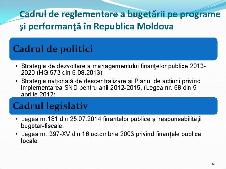 Cadrul de reglementare a bugetării pe programe şi performanţă în Republica Moldova Cadrul de Cadrul de reglementare a bugetării pe programe şi performanţă în Republica Moldova Cadrul de
