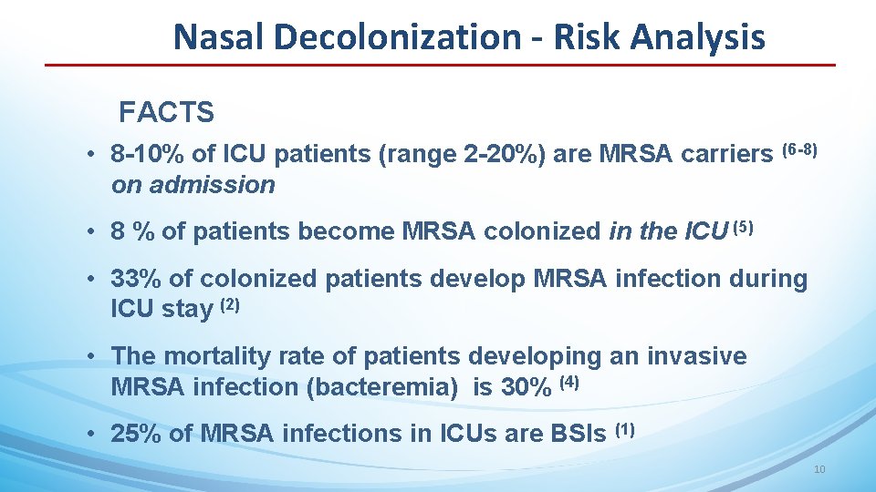 Nasal Decolonization - Risk Analysis FACTS • 8 -10% of ICU patients (range 2