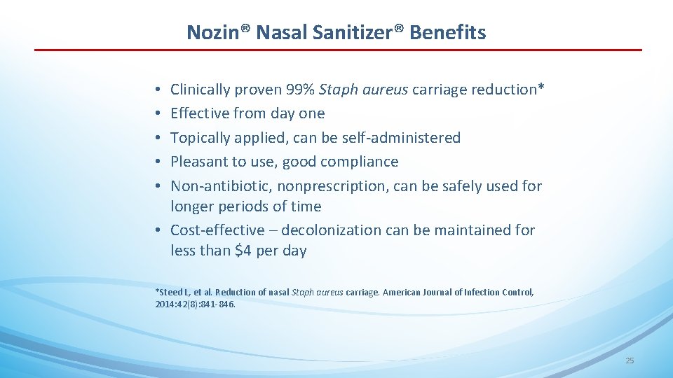 Nozin® Nasal Sanitizer® Benefits Clinically proven 99% Staph aureus carriage reduction* Effective from day
