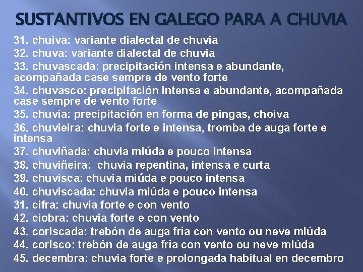 SUSTANTIVOS EN GALEGO PARA A CHUVIA 31. chuiva: variante dialectal de chuvia 32. chuva: