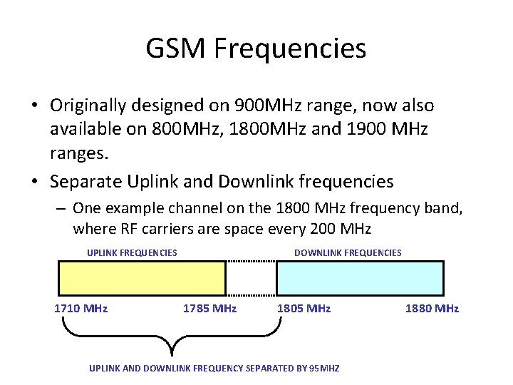 GSM Frequencies • Originally designed on 900 MHz range, now also available on 800