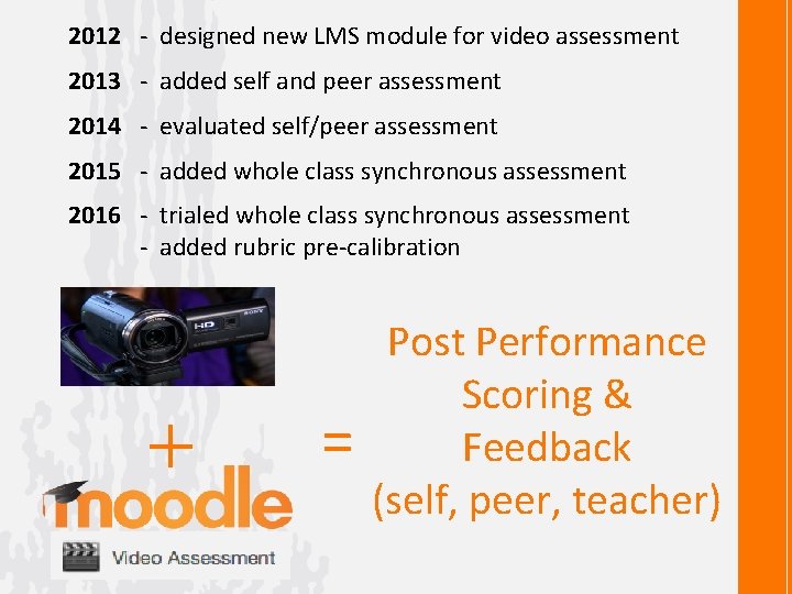 2012 - designed new LMS module for video assessment 2013 - added self and