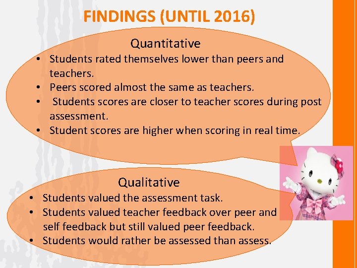 FINDINGS (UNTIL 2016) Quantitative • Students rated themselves lower than peers and teachers. •