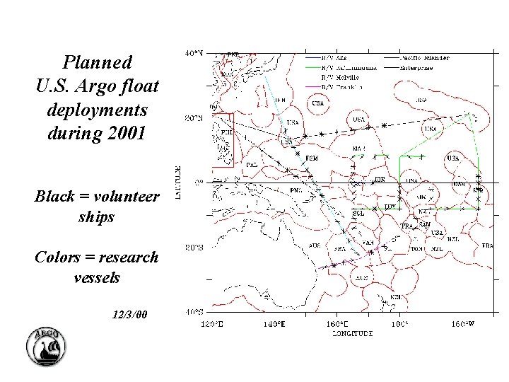 Planned U. S. Argo float deployments during 2001 Black = volunteer ships Colors =