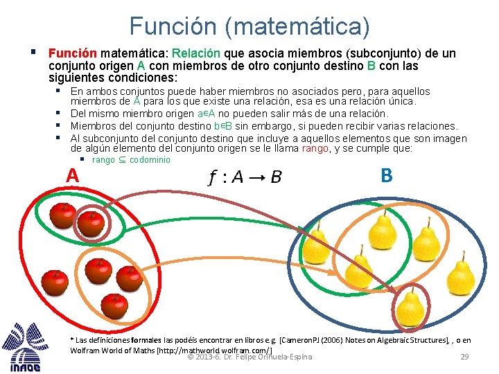 Función (matemática) § Función matemática: Relación que asocia miembros (subconjunto) de un conjunto origen Función (matemática) § Función matemática: Relación que asocia miembros (subconjunto) de un conjunto origen