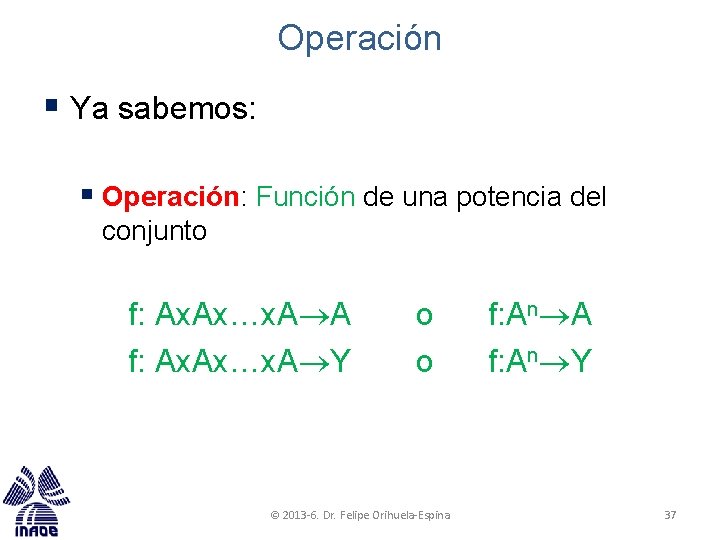 Operación § Ya sabemos: § Operación: Función de una potencia del conjunto f: Ax.