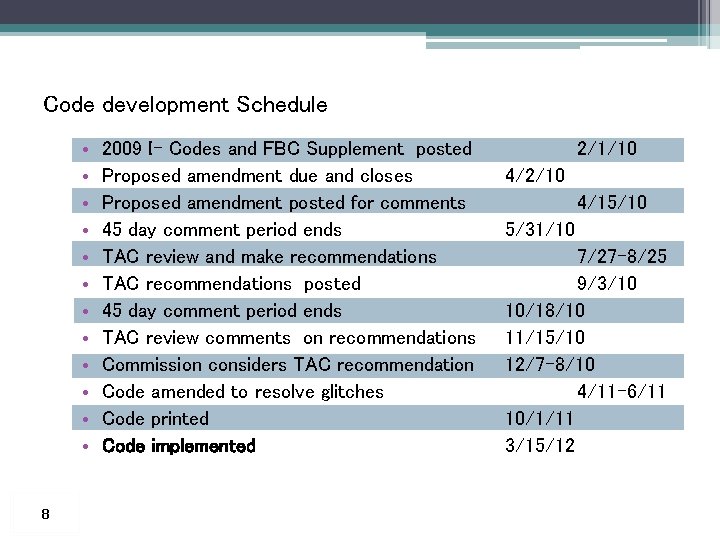 Code development Schedule • • • 8 2009 I- Codes and FBC Supplement posted