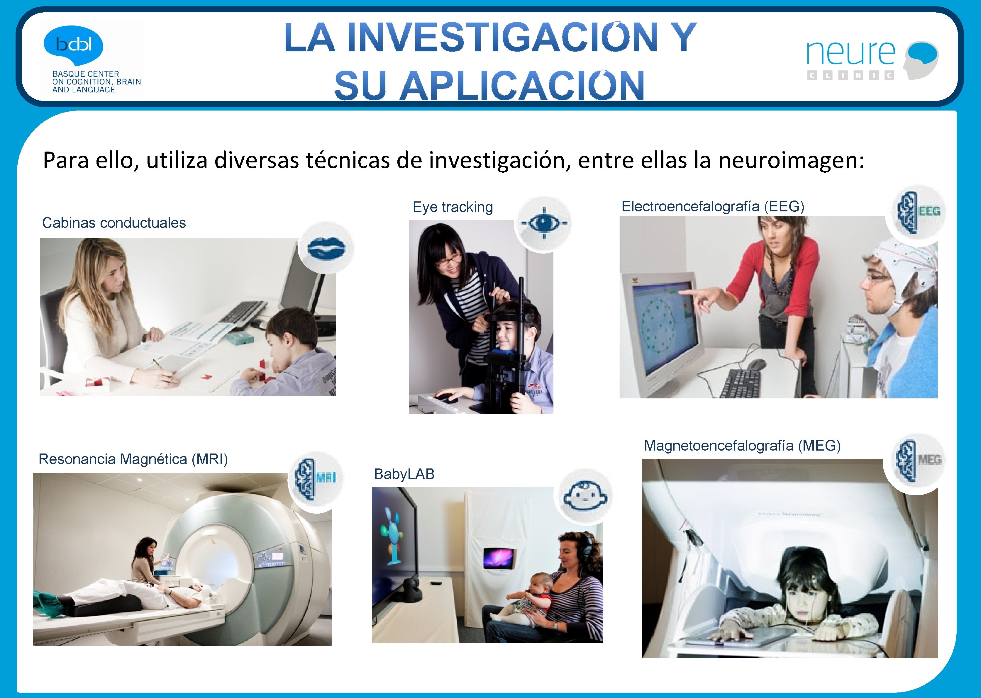 Para ello, utiliza diversas técnicas de investigación, entre ellas la neuroimagen: Cabinas conductuales Resonancia