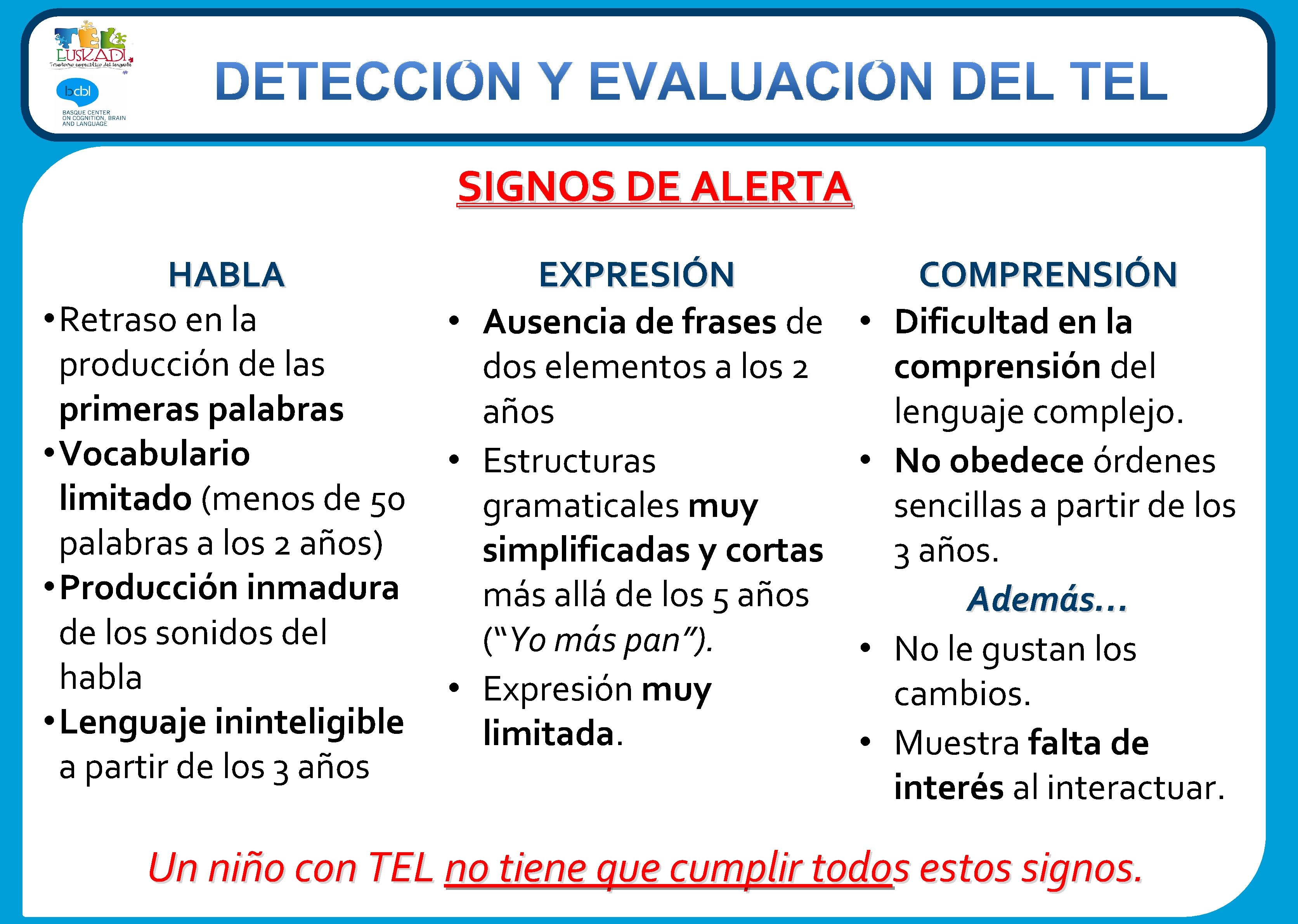 SIGNOS DE ALERTA EXPRESIÓN HABLA • Retraso en la • Ausencia de frases de