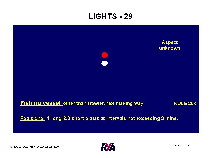 LIGHTS - 29 Aspect unknown Fishing vessel other than trawler. Not making way RULE