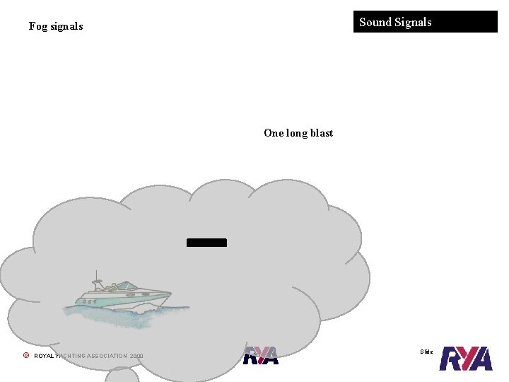 Fog signals Sound Signals One long blastvessel making way in Power driven restricted visibility