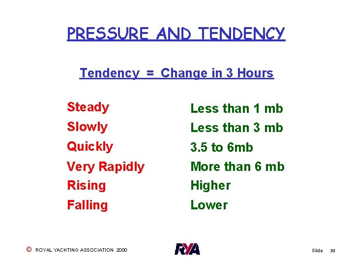 PRESSURE AND TENDENCY Tendency = Change in 3 Hours © Steady Less than 1