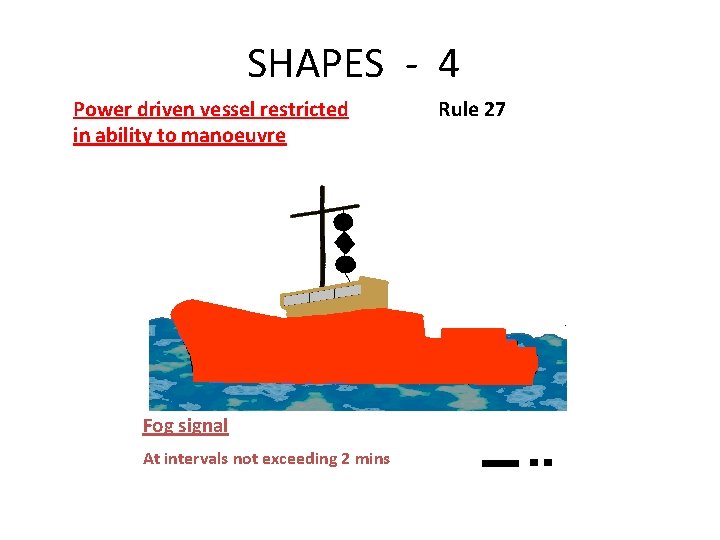 SHAPES - 4 Power driven vessel restricted in ability to manoeuvre Fog signal At