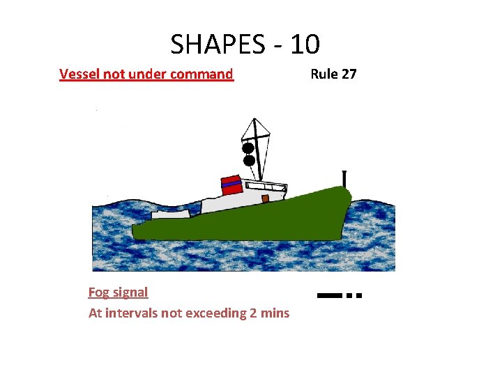 SHAPES - 10 Vessel not under command Fog signal At intervals not exceeding 2