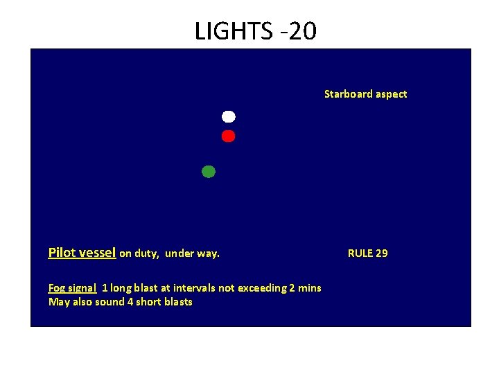 LIGHTS -20 Starboard aspect Pilot vessel on duty, under way. Fog signal 1 long