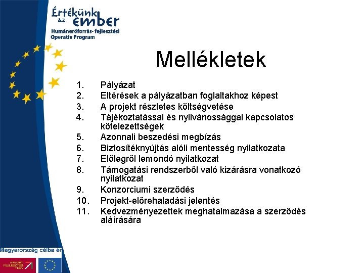 Mellékletek 1. 2. 3. 4. 5. 6. 7. 8. 9. 10. 11. Pályázat Eltérések