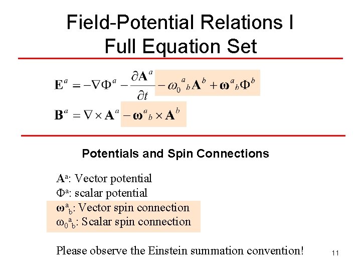 Field-Potential Relations I Full Equation Set Potentials and Spin Connections Aa: Vector potential Φa: