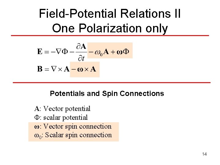 Field-Potential Relations II One Polarization only Potentials and Spin Connections A: Vector potential Φ: