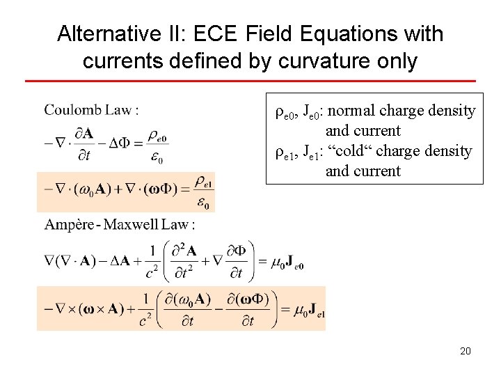 Alternative II: ECE Field Equations with currents defined by curvature only ρe 0, Je