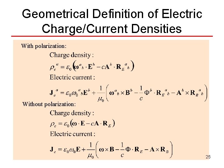 Geometrical Definition of Electric Charge/Current Densities With polarization: Without polarization: 25 