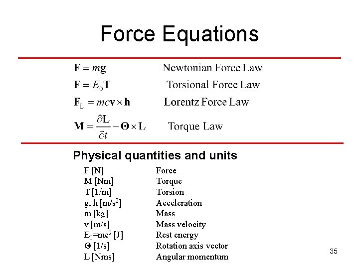 Force Equations Physical quantities and units F [N] M [Nm] T [1/m] g, h